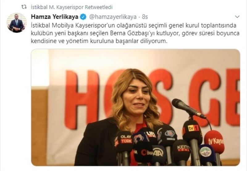 Kayserispor Kulüp Başkanı Berna Gözbaşı’ya tebrik yağıyor