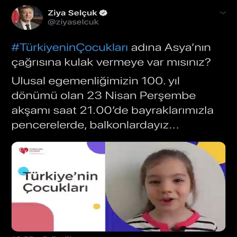 Bakan Selçuk’tan minik Asya’nın 23 Nisan çağrısına destek