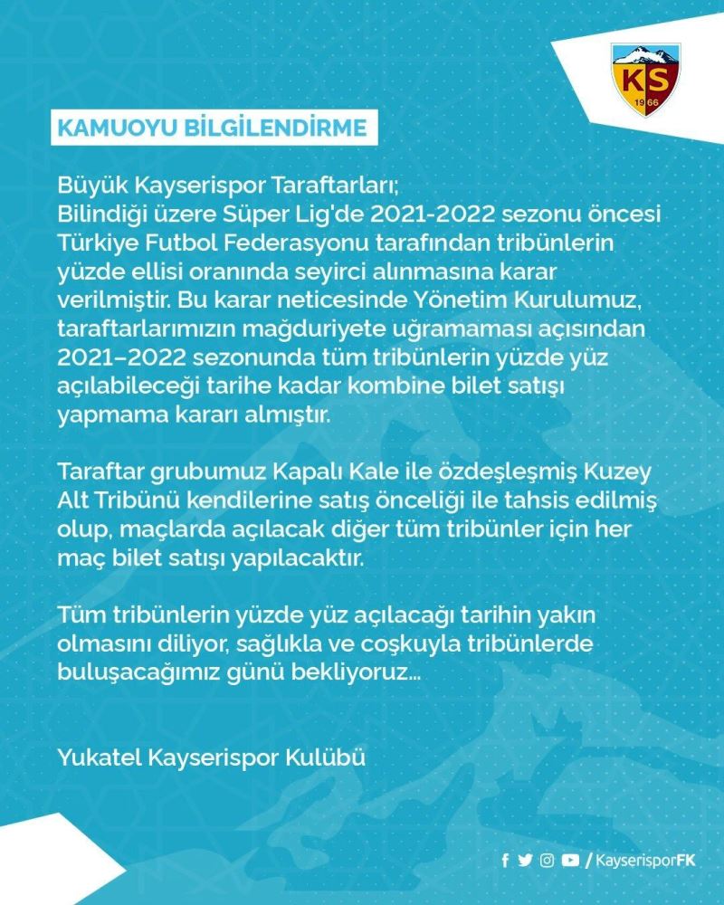 Kayserispor yeni sezonda kombine bilet satışı yapmayacak
