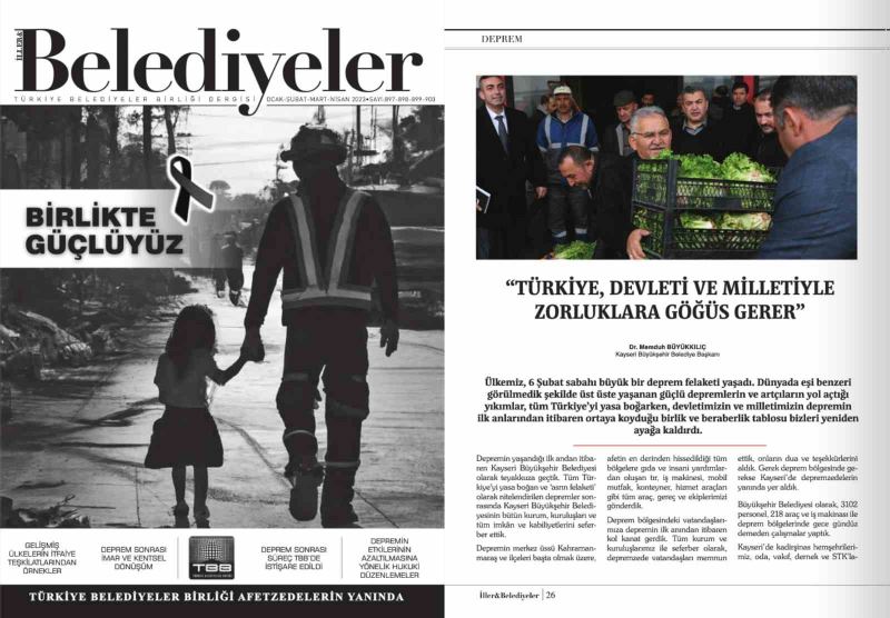 Kayseri Büyükşehir’in deprem bölgesindeki desteği TBB dergisinde geniş yer buldu
