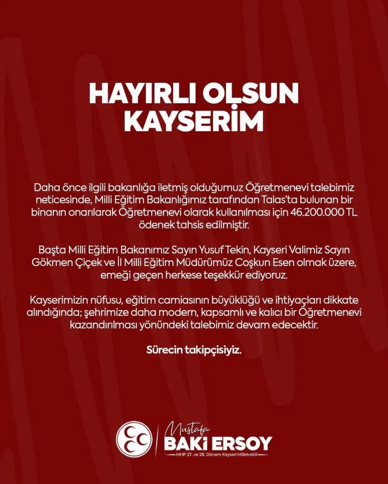 MHP’li Ersoy’dan Kayseri’ye ‘öğretmenevi’ müjdesi