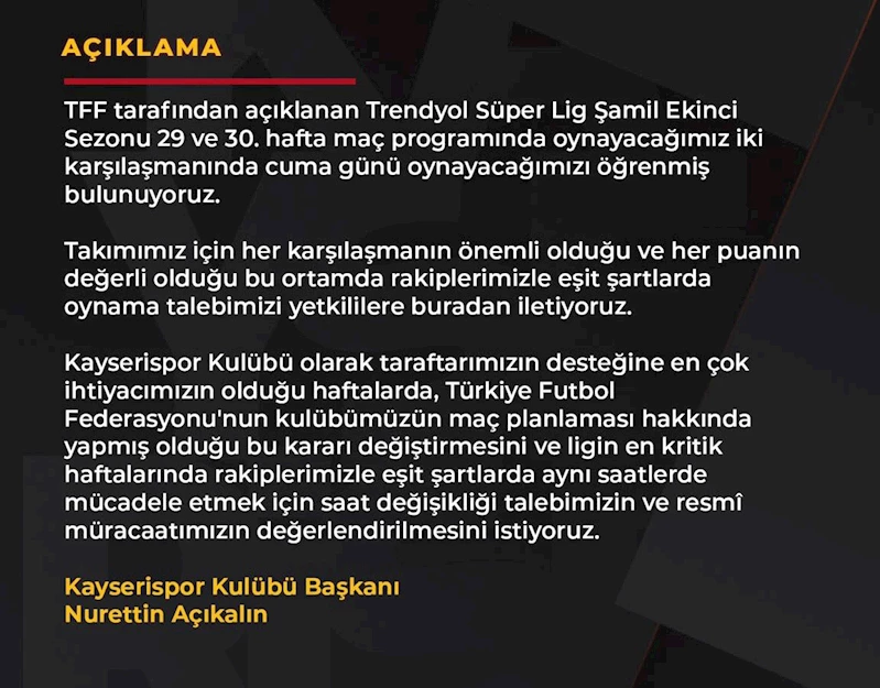 Kayserispor, Hatayspor maçının saatinde değişiklik istedi
