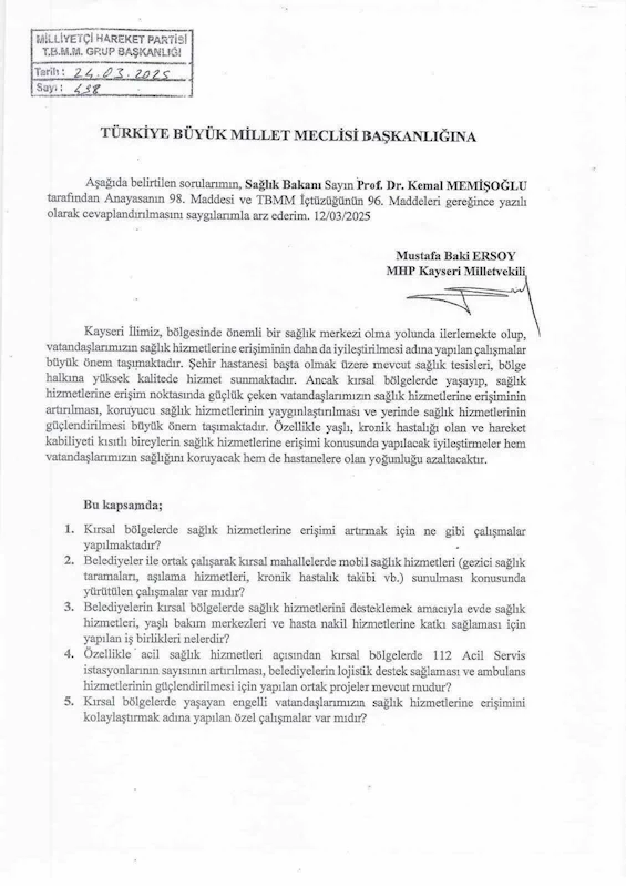 MHP’li Ersoy’dan sağlık hizmeti soru önergesi
