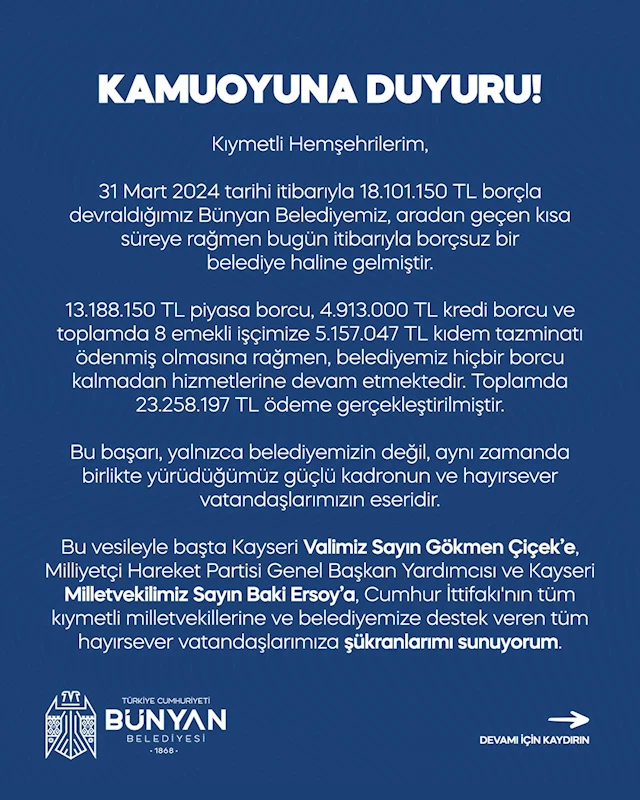 Bünyan Belediyesi borçsuz hale geldi
